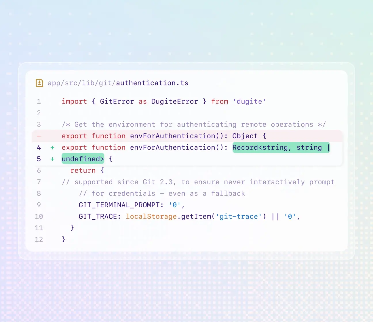 Lines of code with the diff highlighted