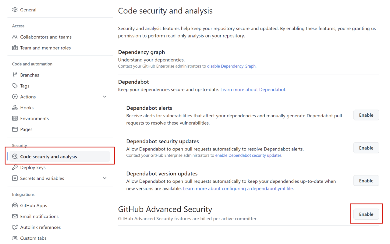 Screenshot of Code security and analysis setting with GitHub Advanced Security option enabled