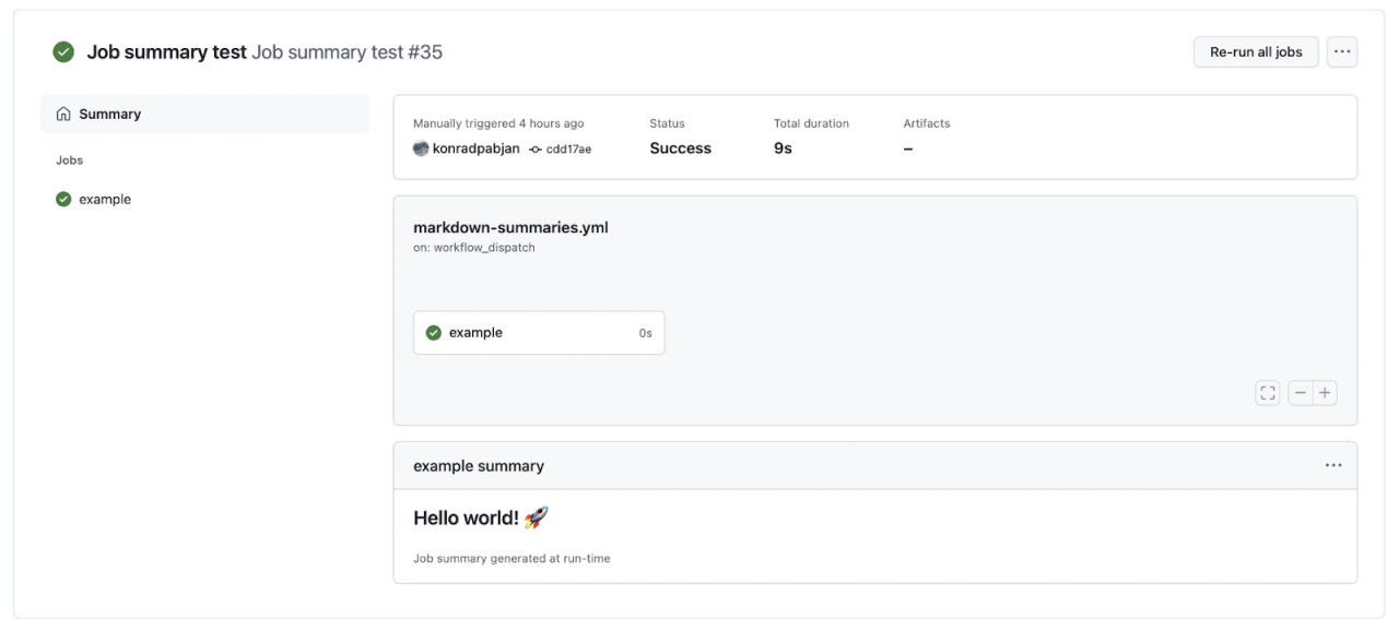 Screenshot of the GitHub job summary showing the markdown-added "Hello world!"