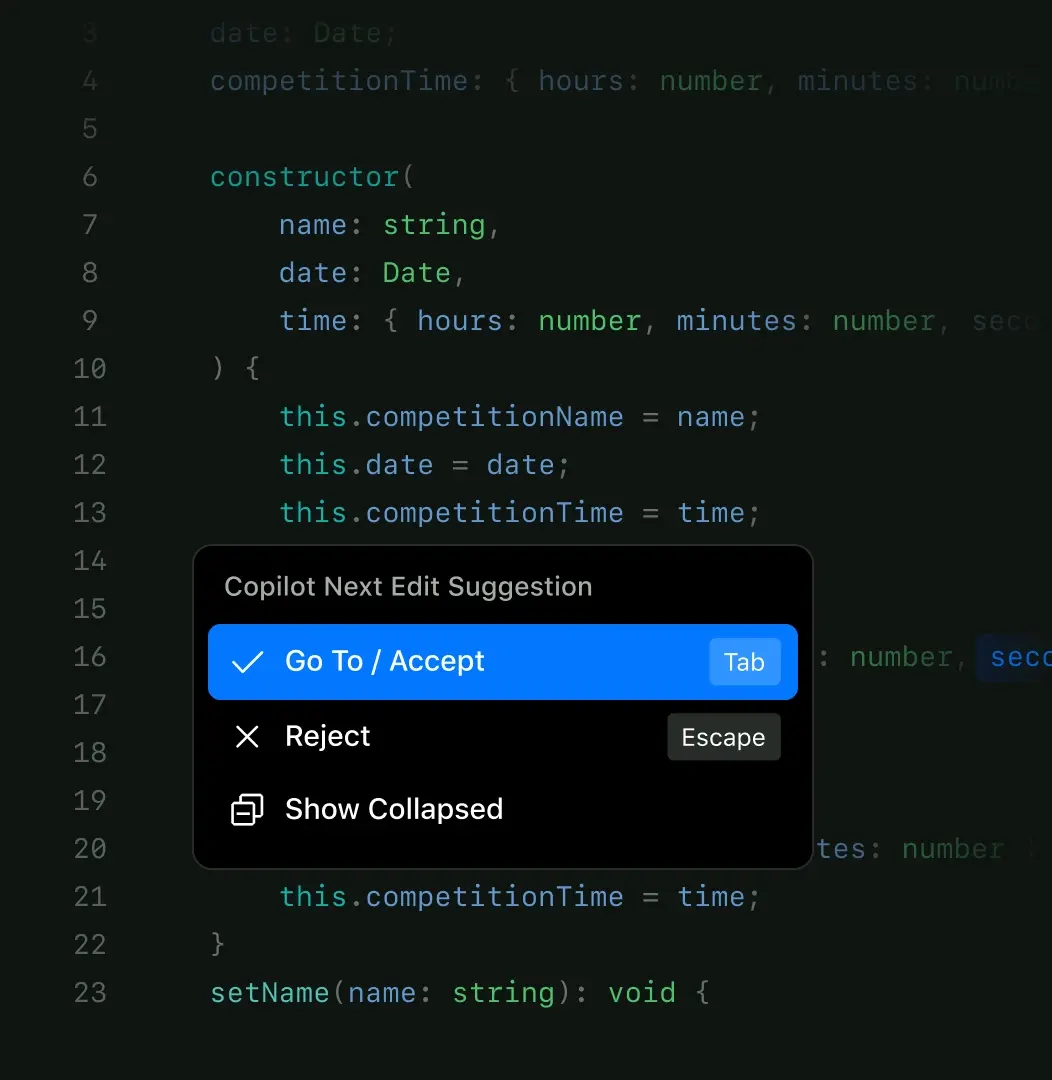 Copilot Next Edit Suggestion popup over code, with Go To/Accept and Reject options.