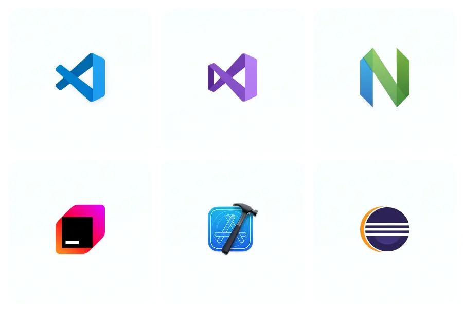Grid of six IDE logos: VS Code, Visual Studio, Neovim, JetBrains, Xcode, and Eclipse.
