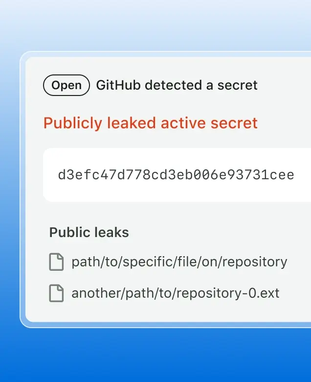 The image shows a notification box with the title "Publicly leaked active secret" in red text, followed by a string of characters and two file paths. It highlights the exposure of sensitive information, specifically an active secret key and its associated file paths.