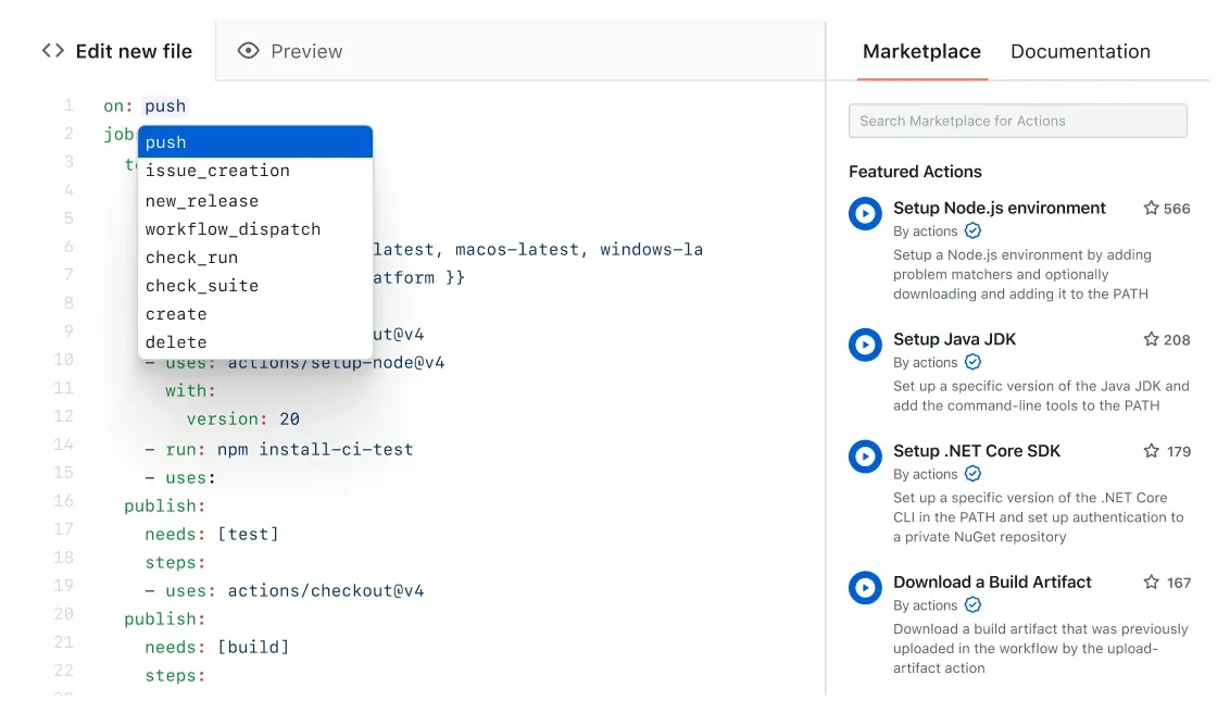 Screenshot of a GitHub Actions workflow file being edited. The cursor is in the 'on' section of the YAML file, with a dropdown menu showing various triggers such as push, issue_creation, new_release, workflow_dispatch, and others. The code includes steps to set up a Node.js environment and run tests. On the right side of the screen, there is a 'Marketplace' panel displaying featured actions like 'Setup Node.js environment,' 'Setup Java JDK,' 'Setup .NET Core SDK,' and 'Download a Build Artifact.' The background features a gradient from green to teal.
