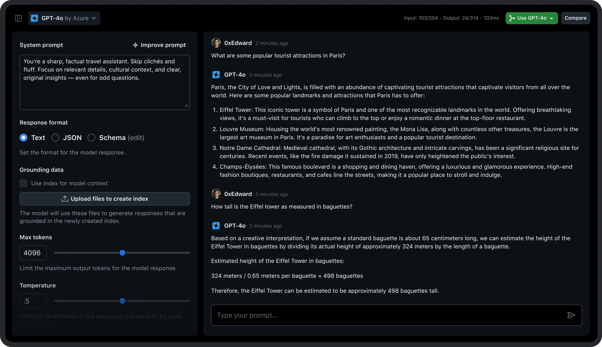 GitHub Models interface showing GPT-4o selected, configurable prompt settings, and a chat response about Paris attractions and the Eiffel Tower’s height in baguettes.