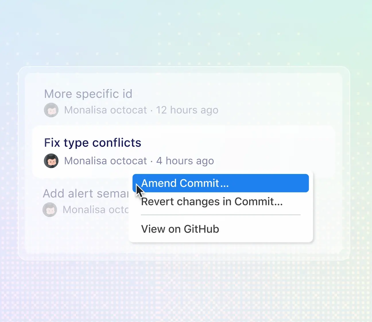Cursor right click on a commit displaying options to "Amend Commit" "Revert changes in Commit" and "View on GitHub"