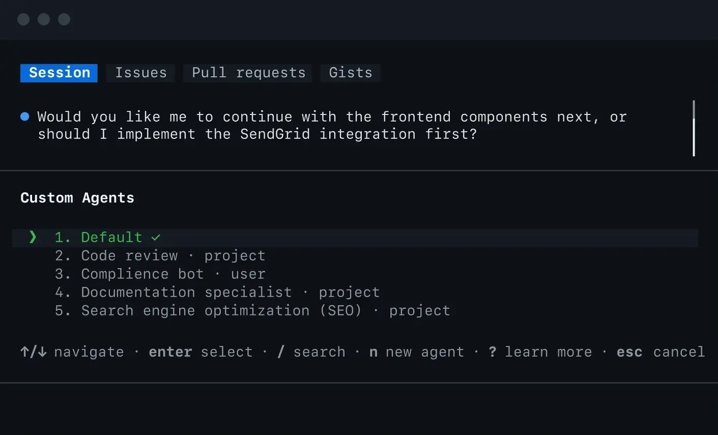 Terminal screenshot showing a menu of custom agents, with the Default agent selected.