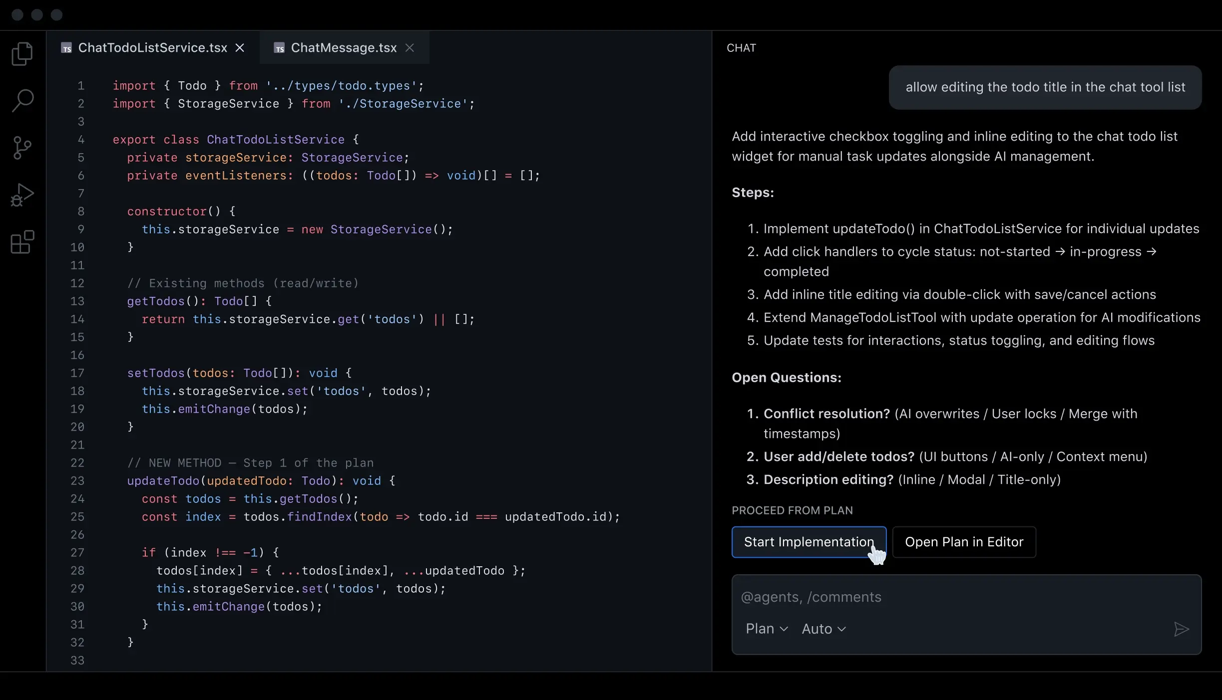VS Code with TypeScript code on the left and Copilot plan steps with action buttons on the right.