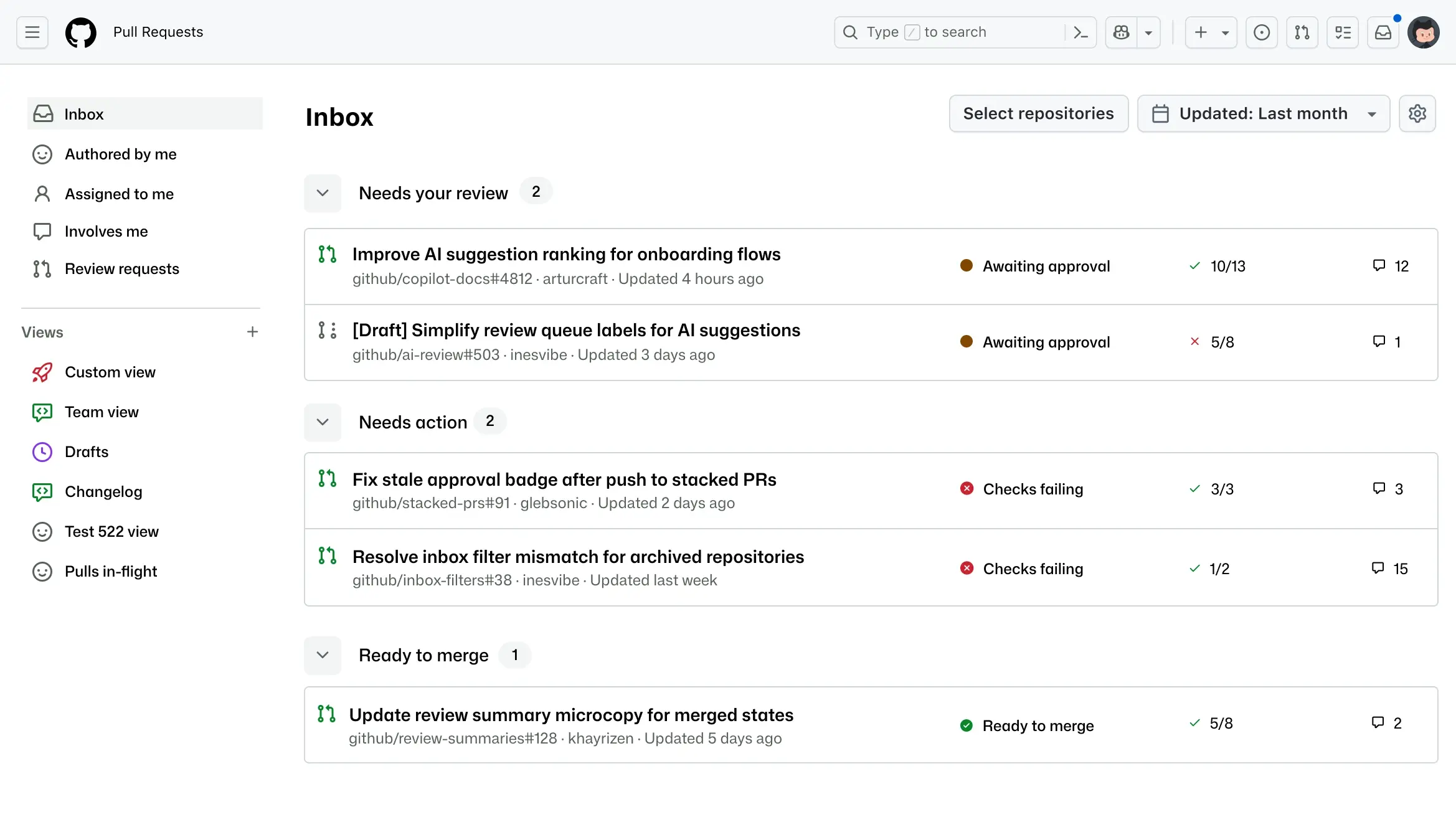 GitHub Pull Requests inbox grouping pull requests by review status: needs your review, needs action, and ready to merge.