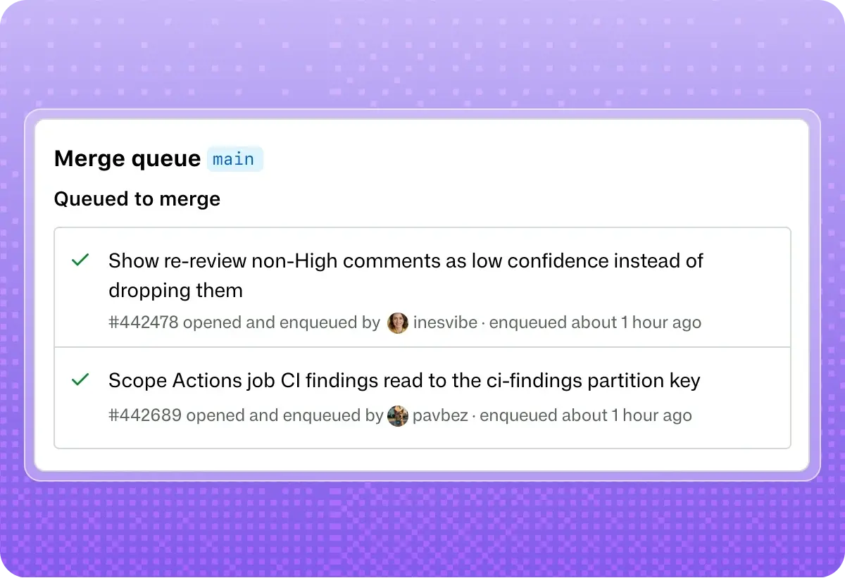 GitHub merge queue showing a merge group deploying to production and two pull requests waiting in the queue.