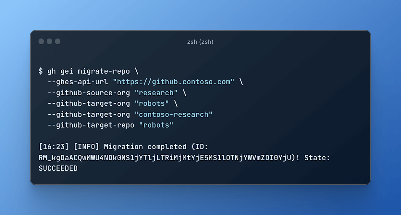 Command line prompt completing a migration