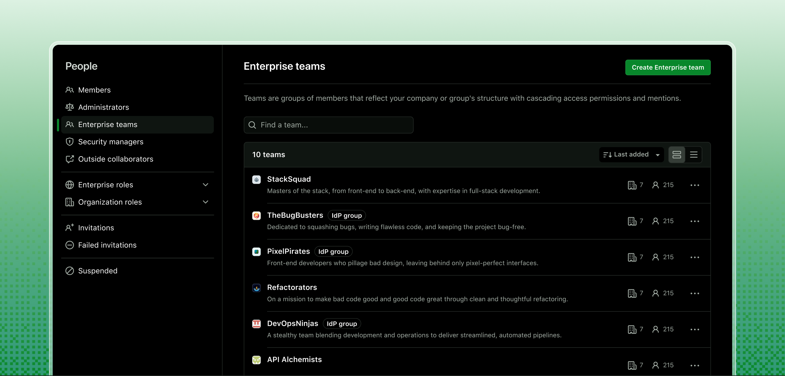 A list of enterprise teams in GitHub enterprise settings.