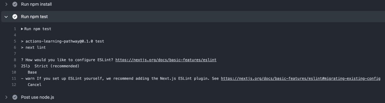 The "Run npm test" step is shown to have performed linting using ESLint. 