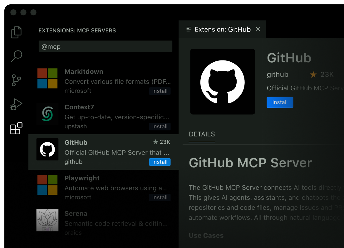 VS Code Extensions panel showing GitHub MCP Server details with install option and description.