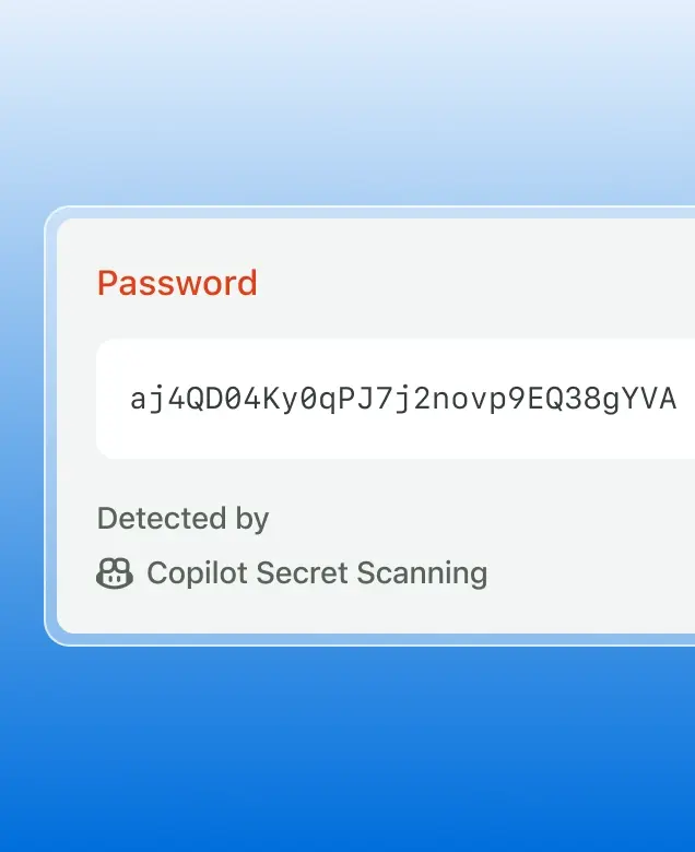 The image shows a notification from GitHub indicating that a secret has been detected. The notification has a blue background and contains the following text: "GitHub detected a secret" in bold, followed by "Password" in red. Below this, there is an alphanumeric string representing the detected secret: "aj4d0B4ky8qPJ7j2nvop9EQ38gYVAy1AM1wlxa1ND5zeRRLZmXk6BbmzZRb". At the bottom, it states "Detected by Copilot Secret Scanning" with an icon of Copilot next to it.

