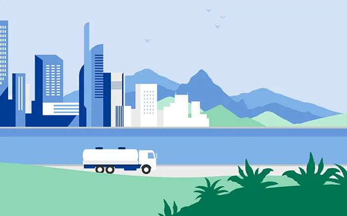 Animation of the city of Singapore with view of the mountains, water and a white truck passing by.