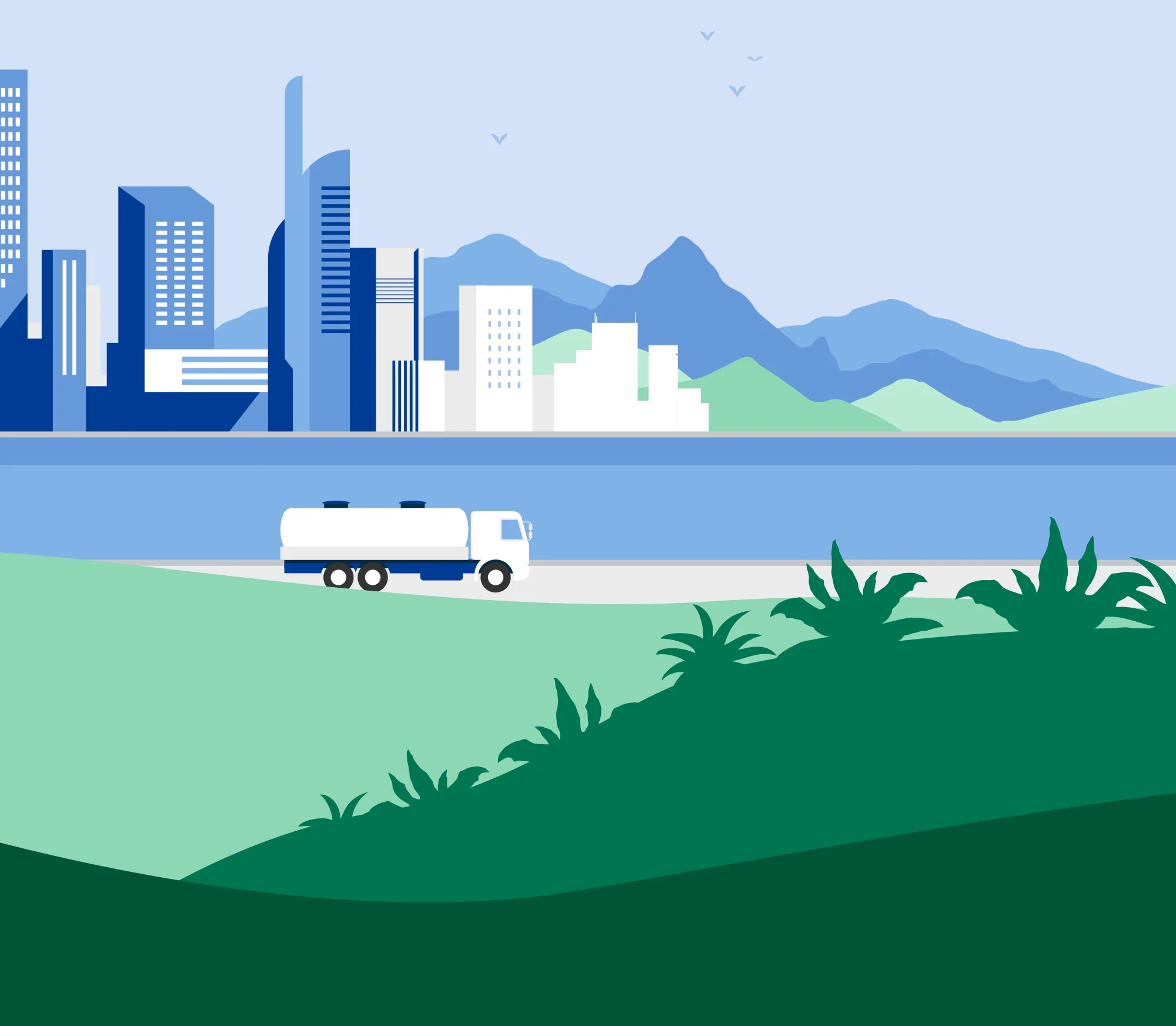 Animation of the city of Singapore, with view of the mountains, water and a white truck passing by.