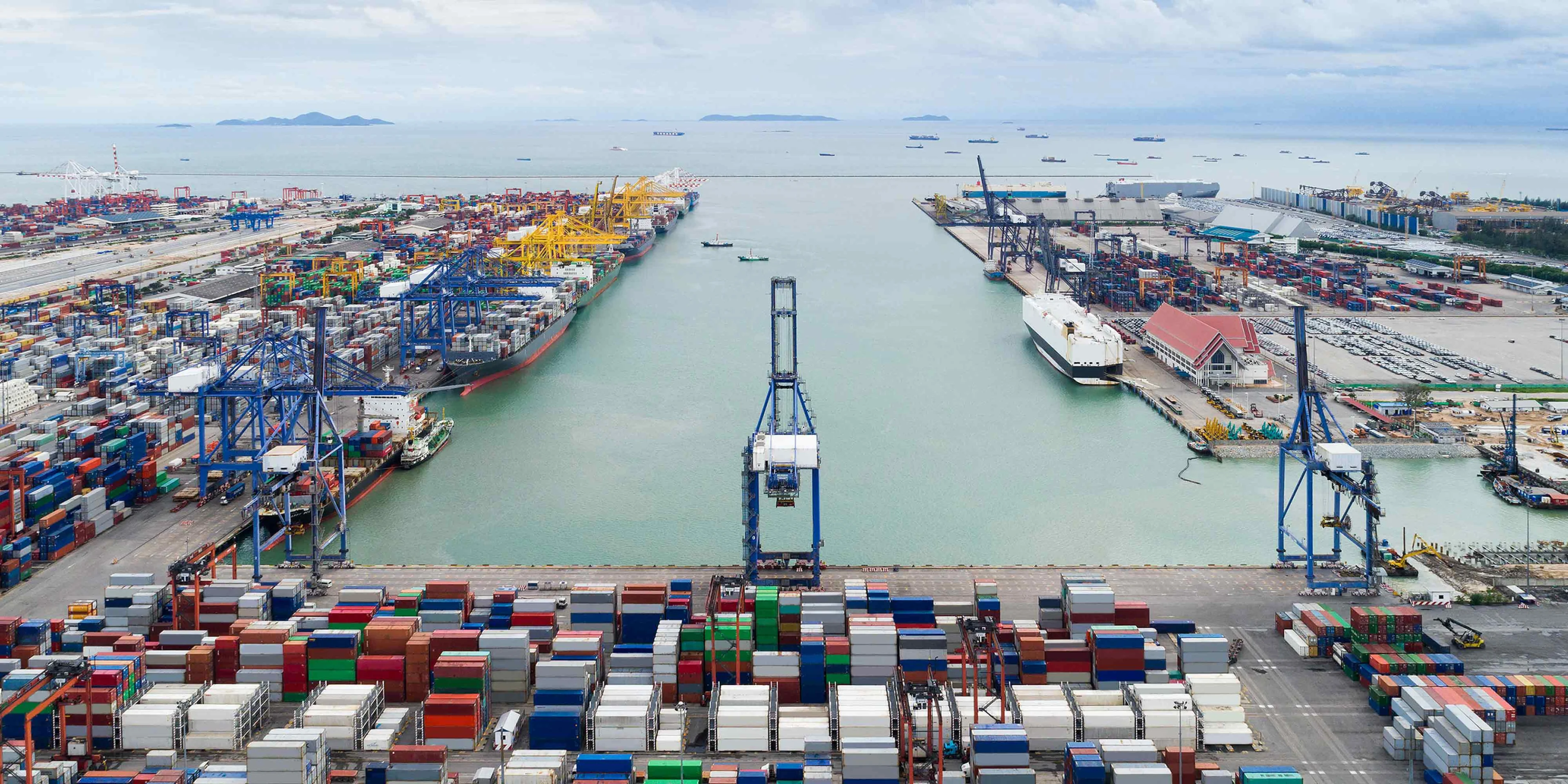 Docks with many containers and port cranes