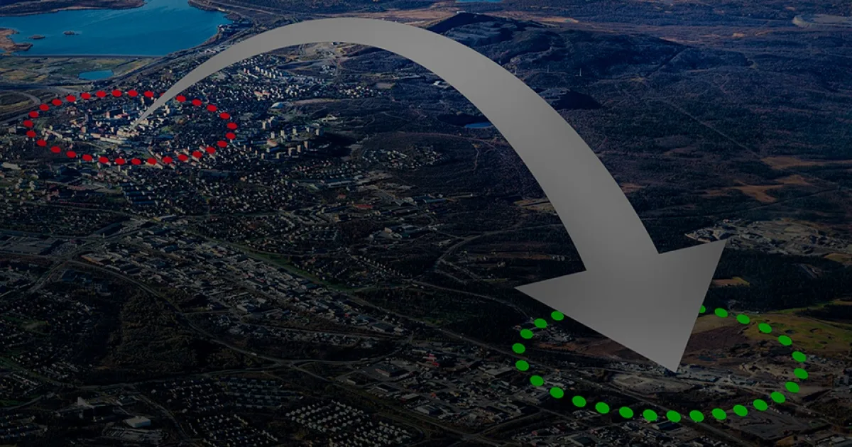 Aerial image of Kiruna with an arrow pointing from one location to another