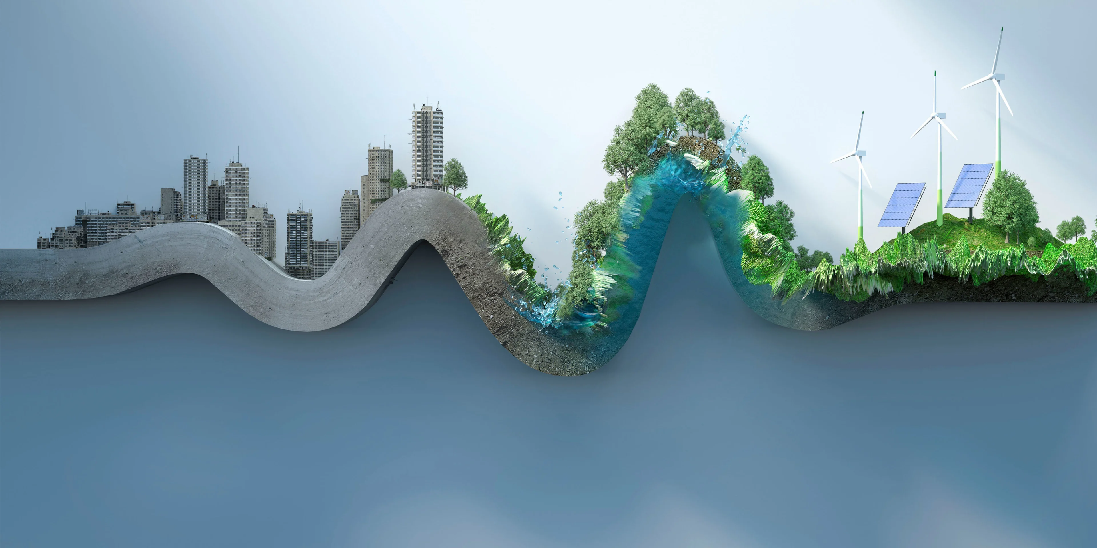 Abstract curve made of old grey city that develops into sustainable green city