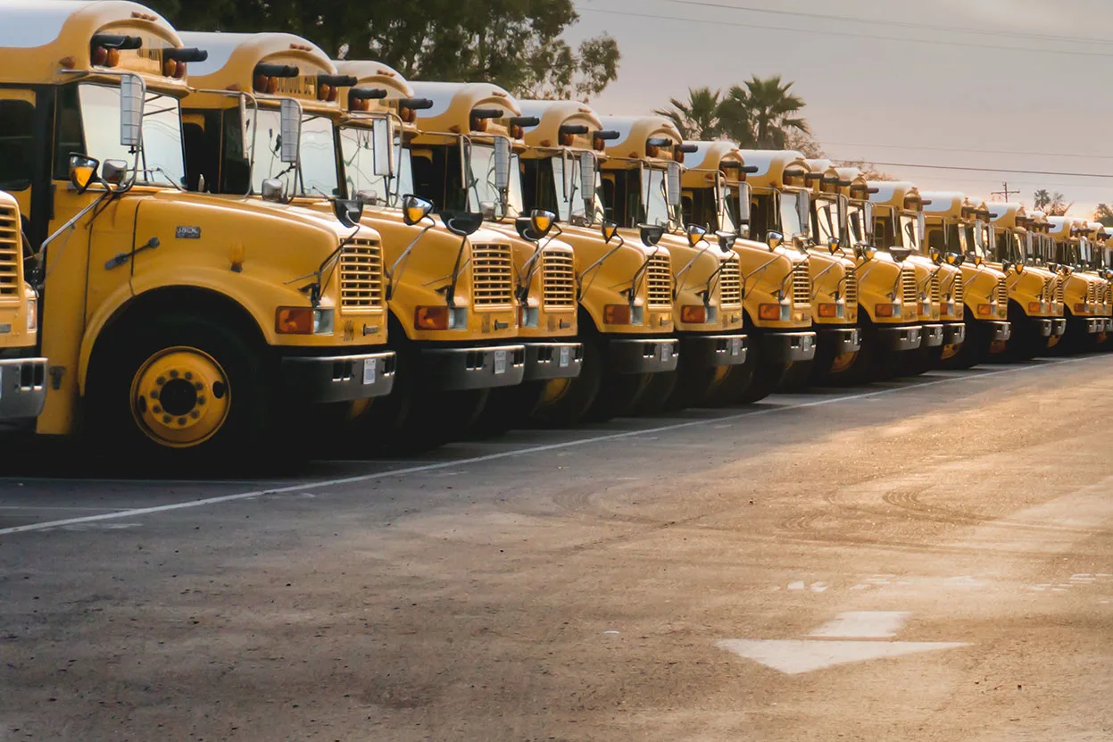 Yellow school buses in a row