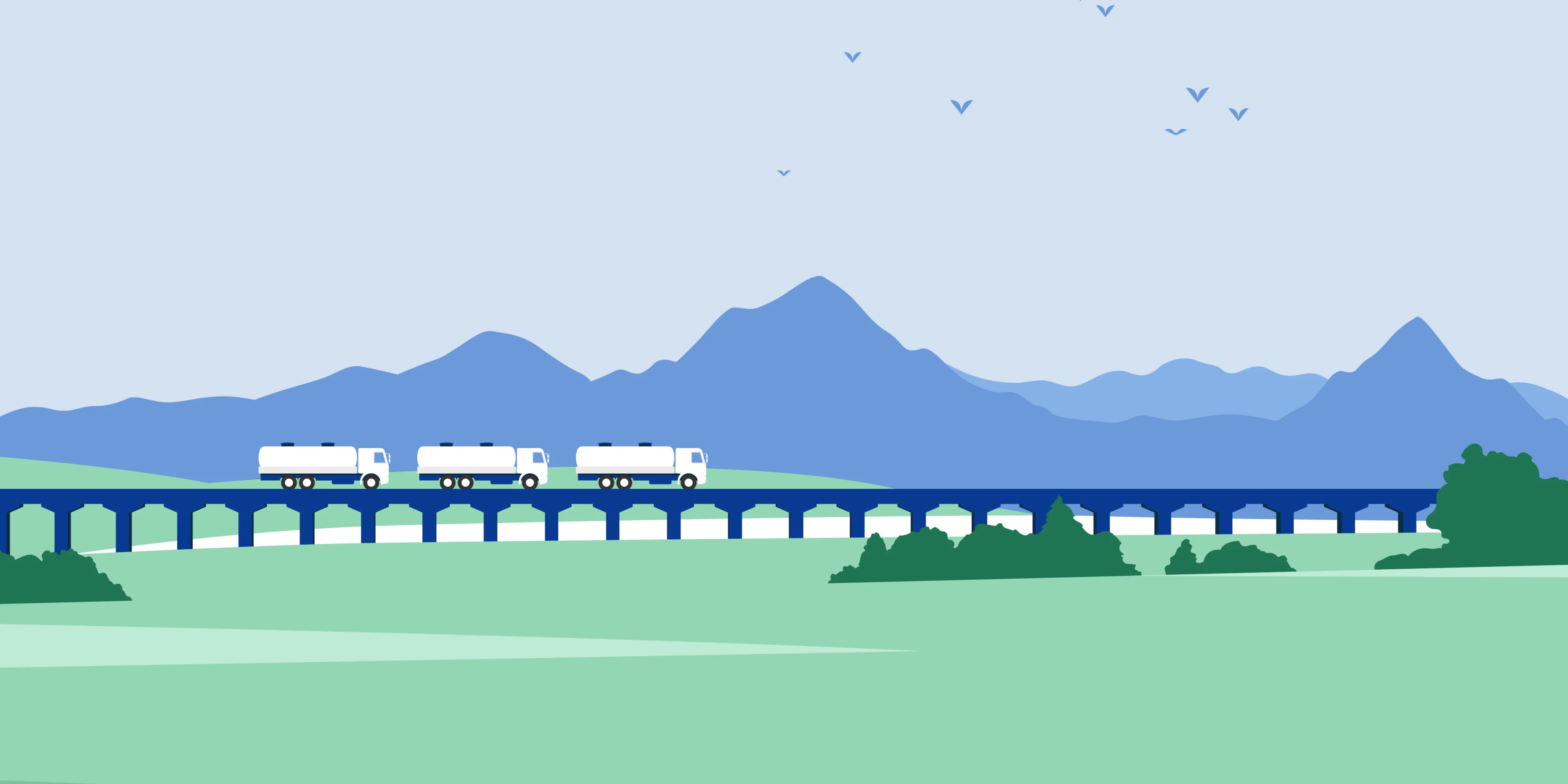 Animation of a blue bridge with three white trucks driving through it. Blue mountains in the background and a green field below.