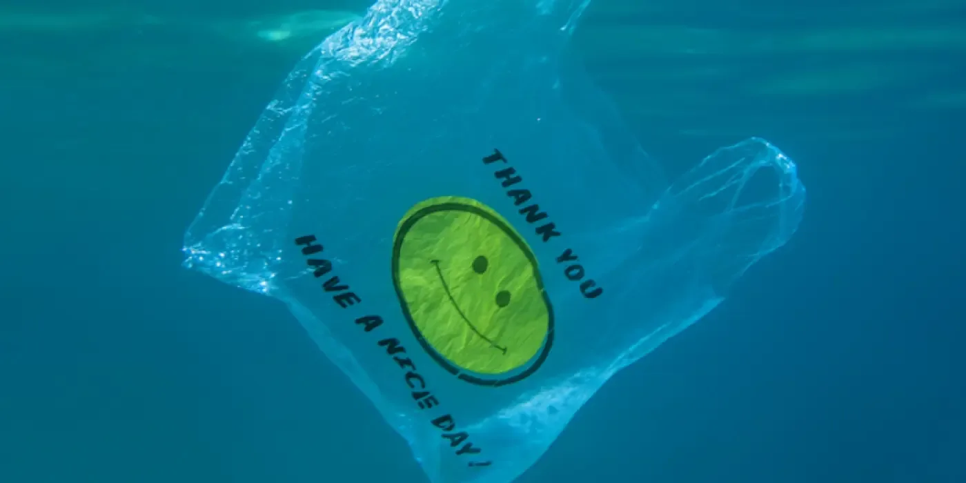 Photo of a plastic bag floating in the water, with "Thank you, have a nice day!" written on it