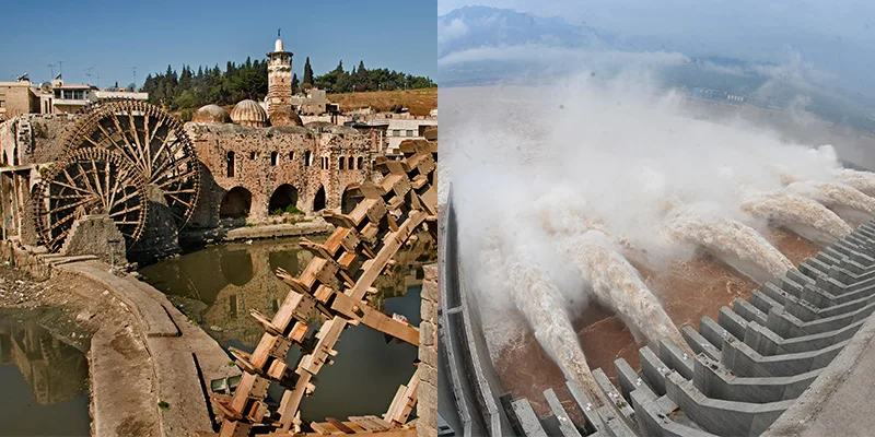 The norias, early hydropowered machines, were designed during the Byzantine era. Some still remain in Hama, Syria (on the left).