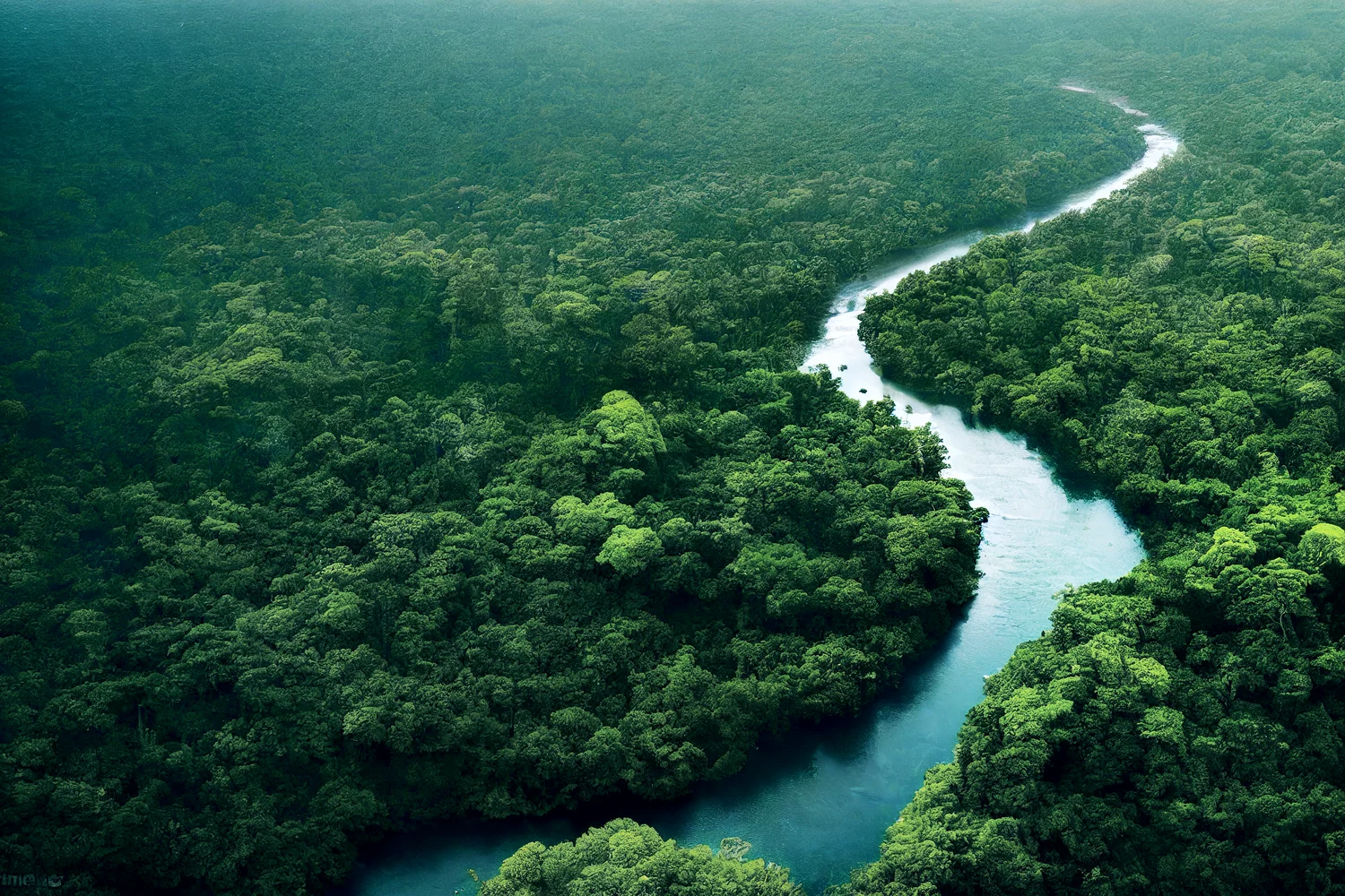 A river floating through green forest.