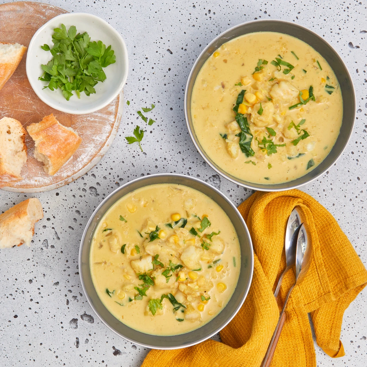 Spiced Hoki Coconut Chowder with crusty bread. An easy and warming recipe for winter.