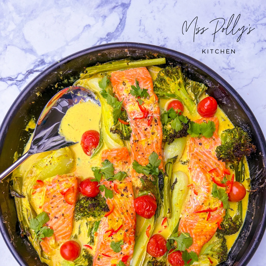 Miss Polly's Kitchen Coconut Salmon Tray bake using Big Glory Bay salmon portions, broccolini, bok choy and Asian flavours for a delicious mid-week meal bound to impress.