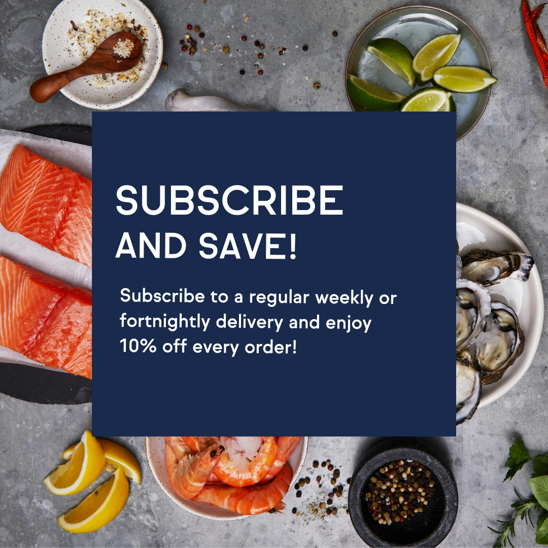 Subscribe to Sanford and Son fish and seafood delivery and receive 10% off every purchase. Fresh fish, oysters, salmon and prawns on grey background with pepper, limes and lemons. 