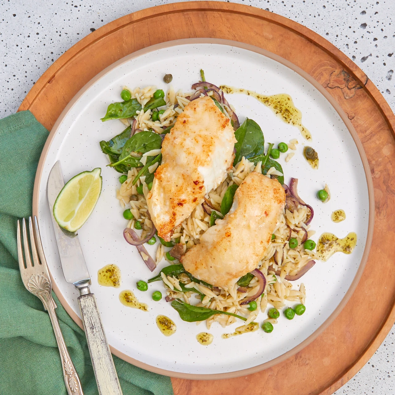 Paprika Coated Ling on Warm Orzo Salad with caramelised onions