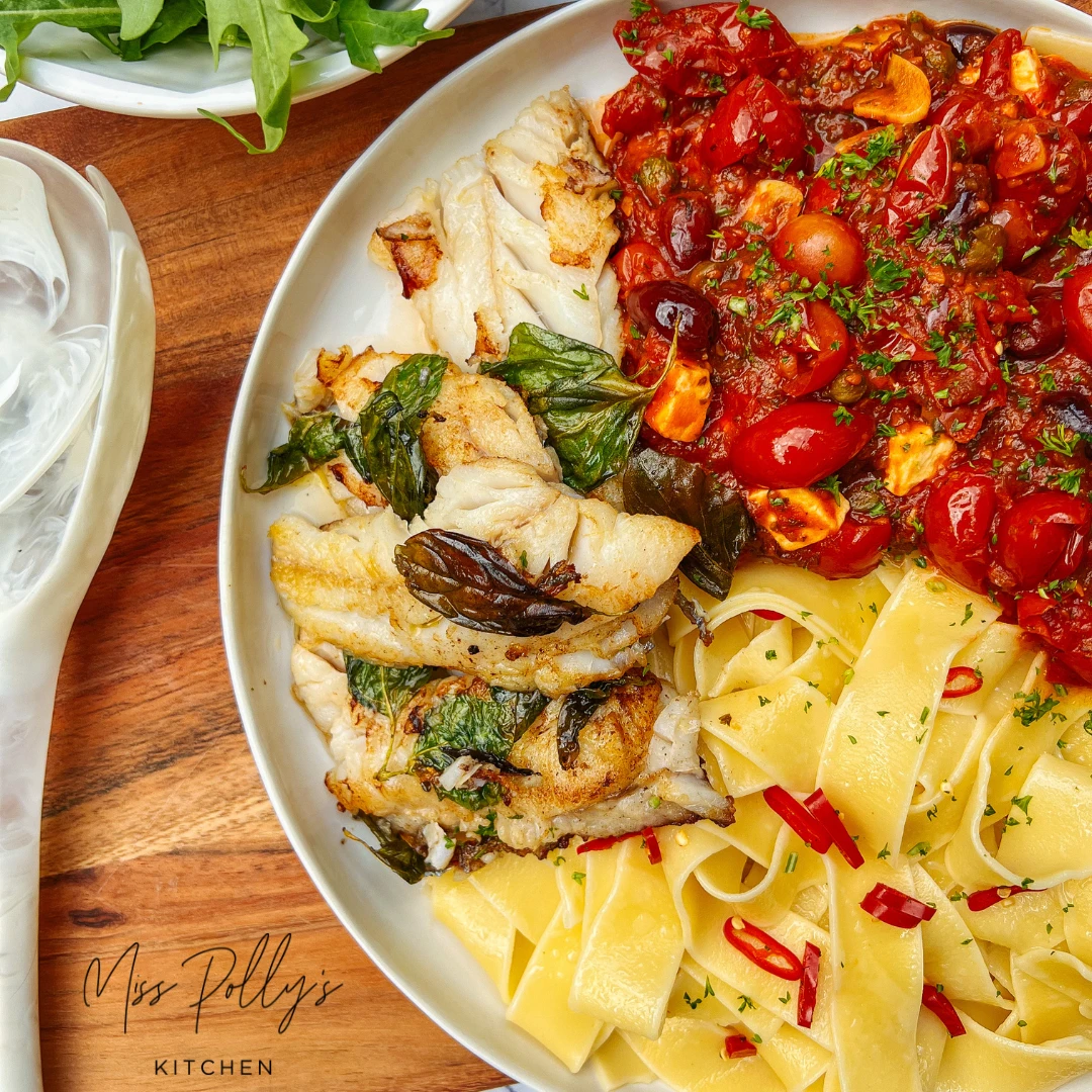 Miss Polly's Kitchen creates a beautiful and delicious buttery pan fried Hoki with pappardelle and rich tomato sauce recipe that everyone is bound to enjoy
