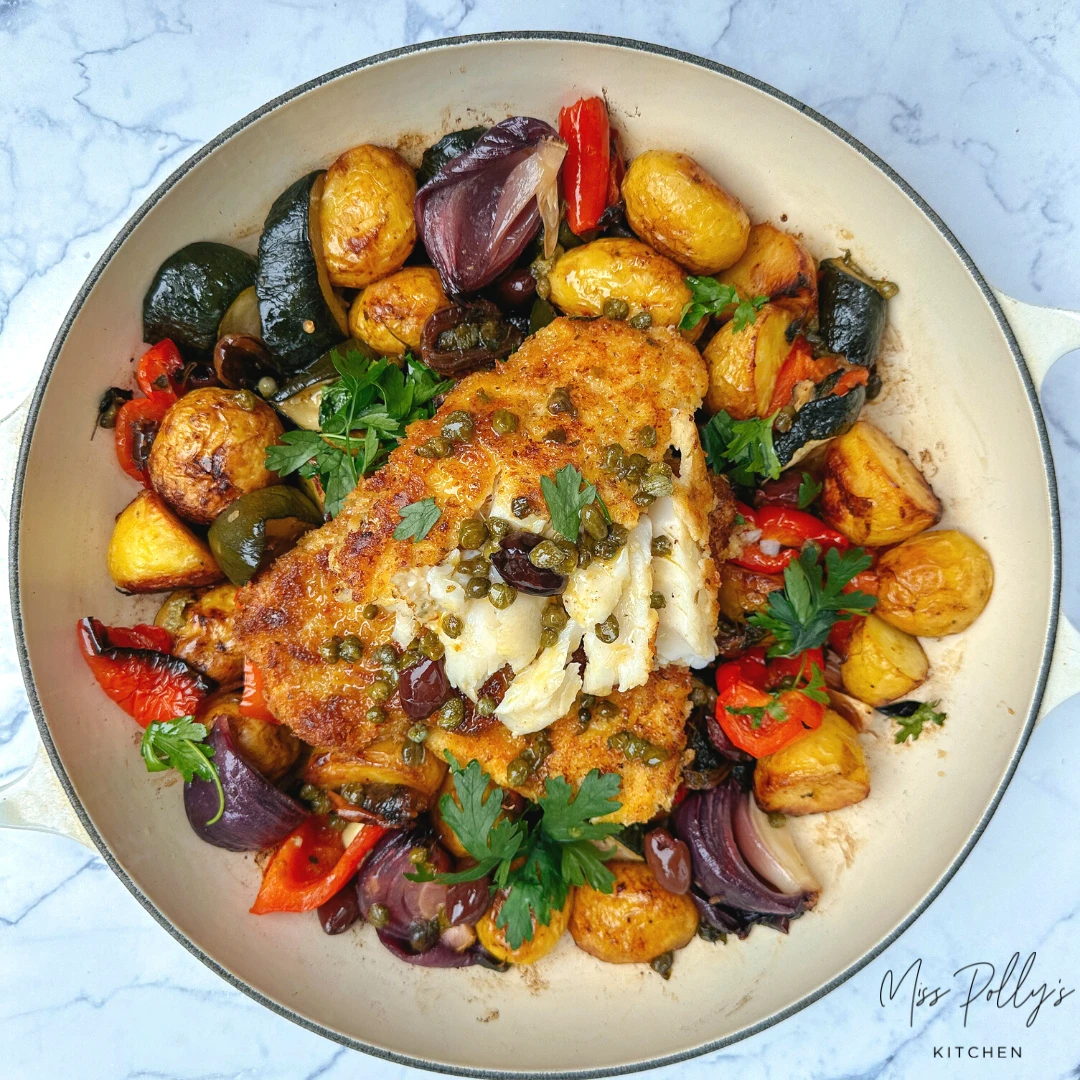 Miss Polly's Kitchen with Crumbed Hoki with roasted Mediterranean Inspired Vegetables