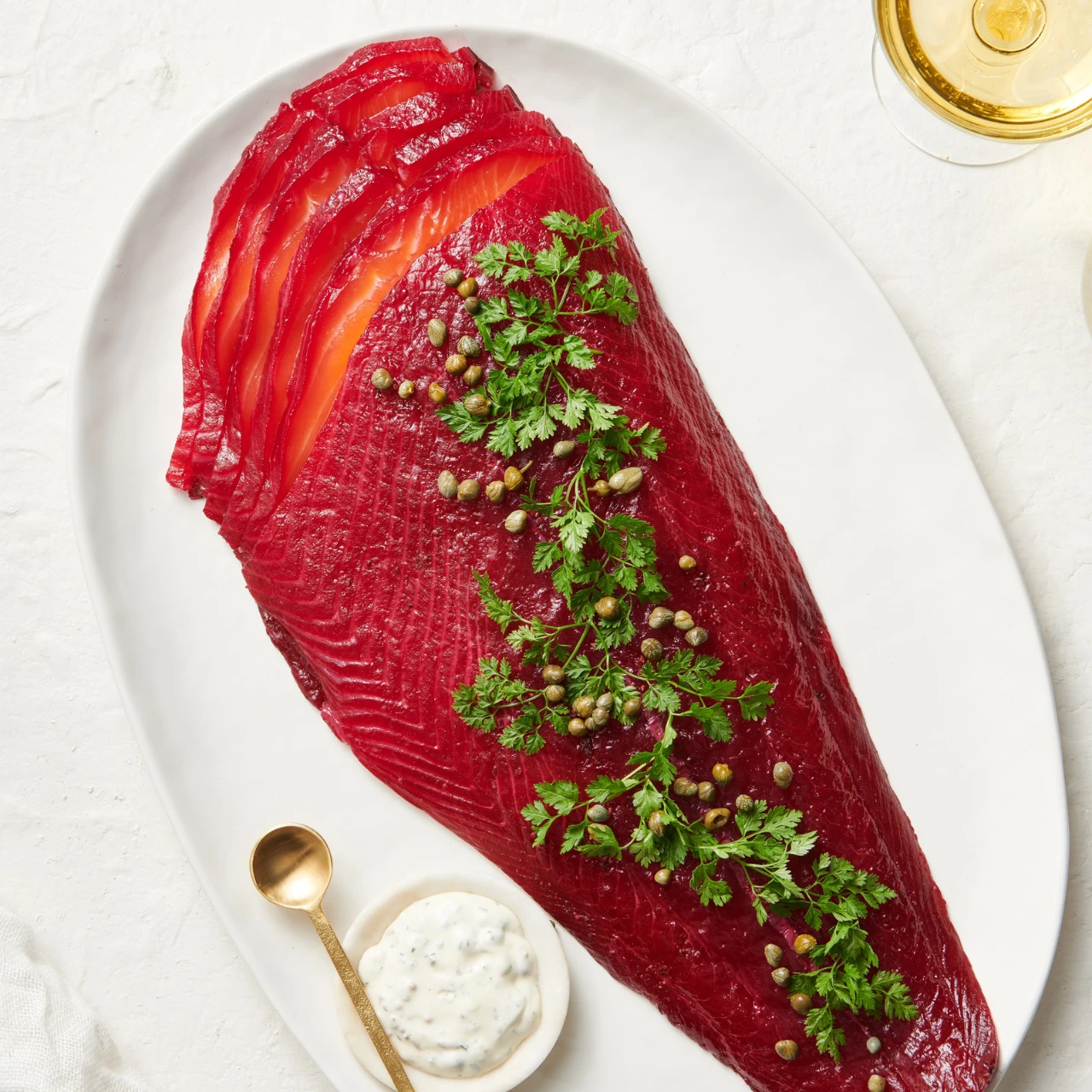Homemade beetroot cure king NZ salmon with a zesty mayonnaise recipe. The best way to have a side of salmon.