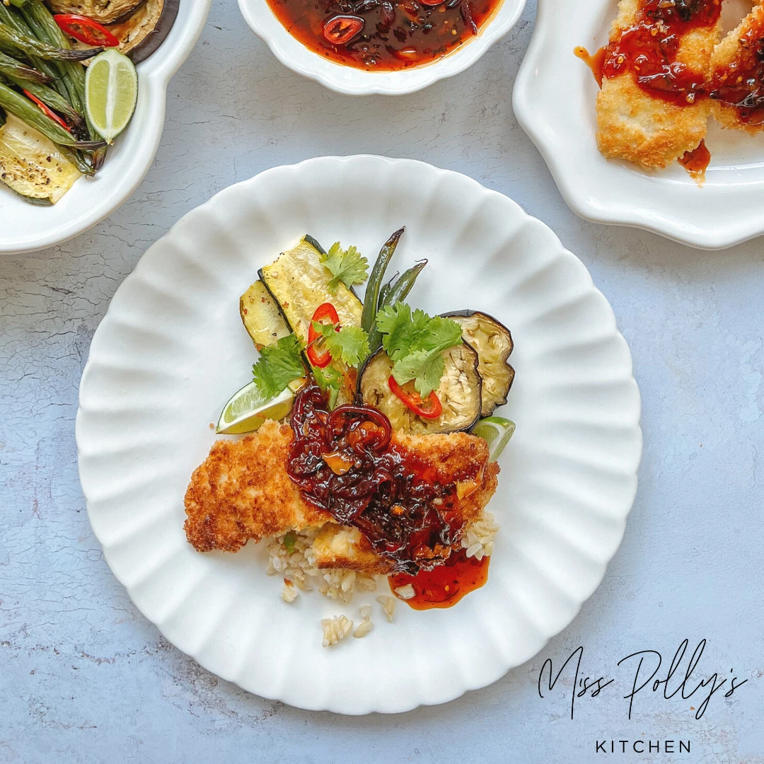 Panko Crumbed Snapper Fish recipe with Caramelised Onion Chilli Glaze with Roasted Eggplant, Zucchini and Beans