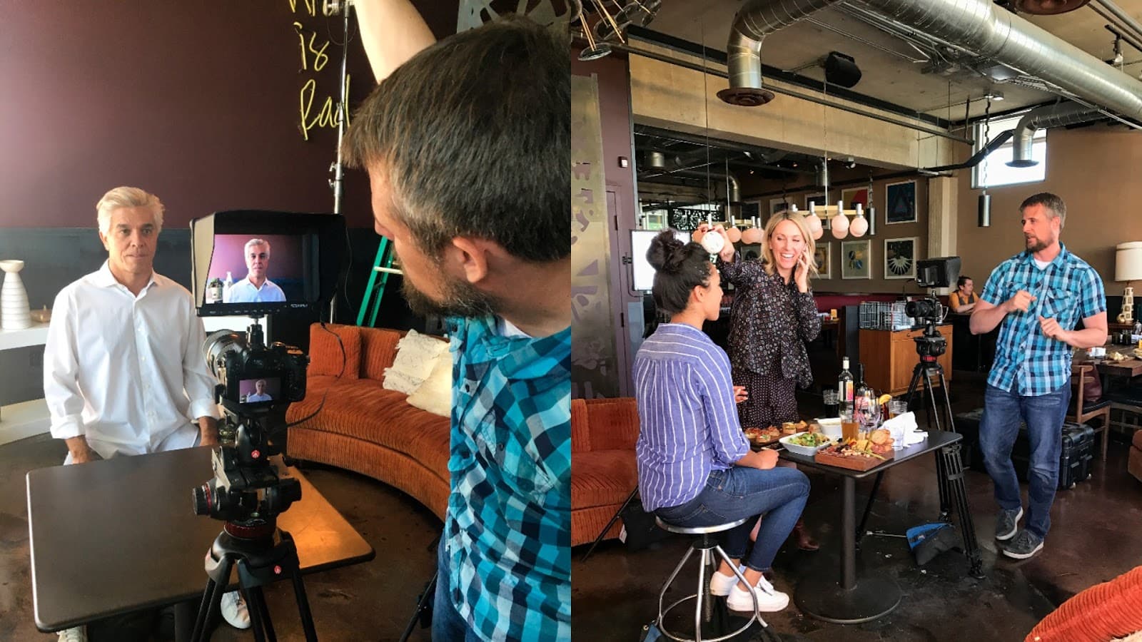 People setting up interviews on cameras.