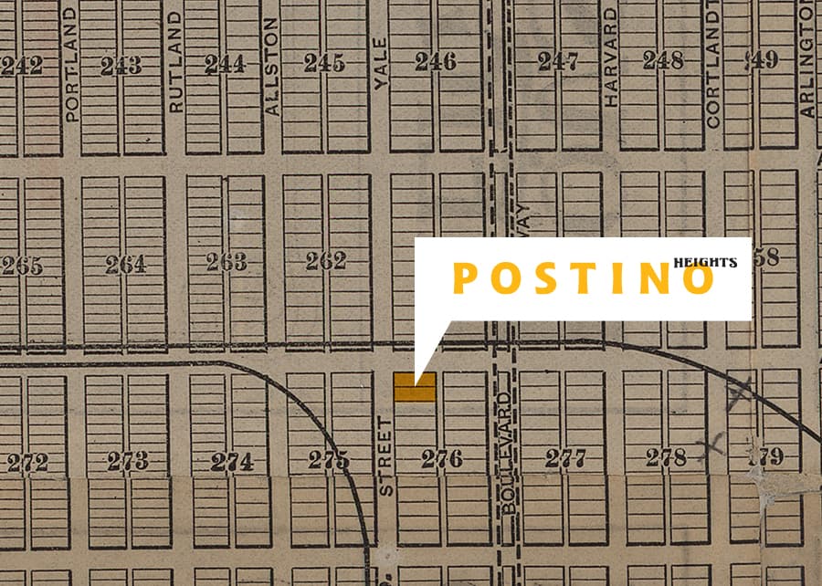 A map with yellow Postino Heights marked on it.