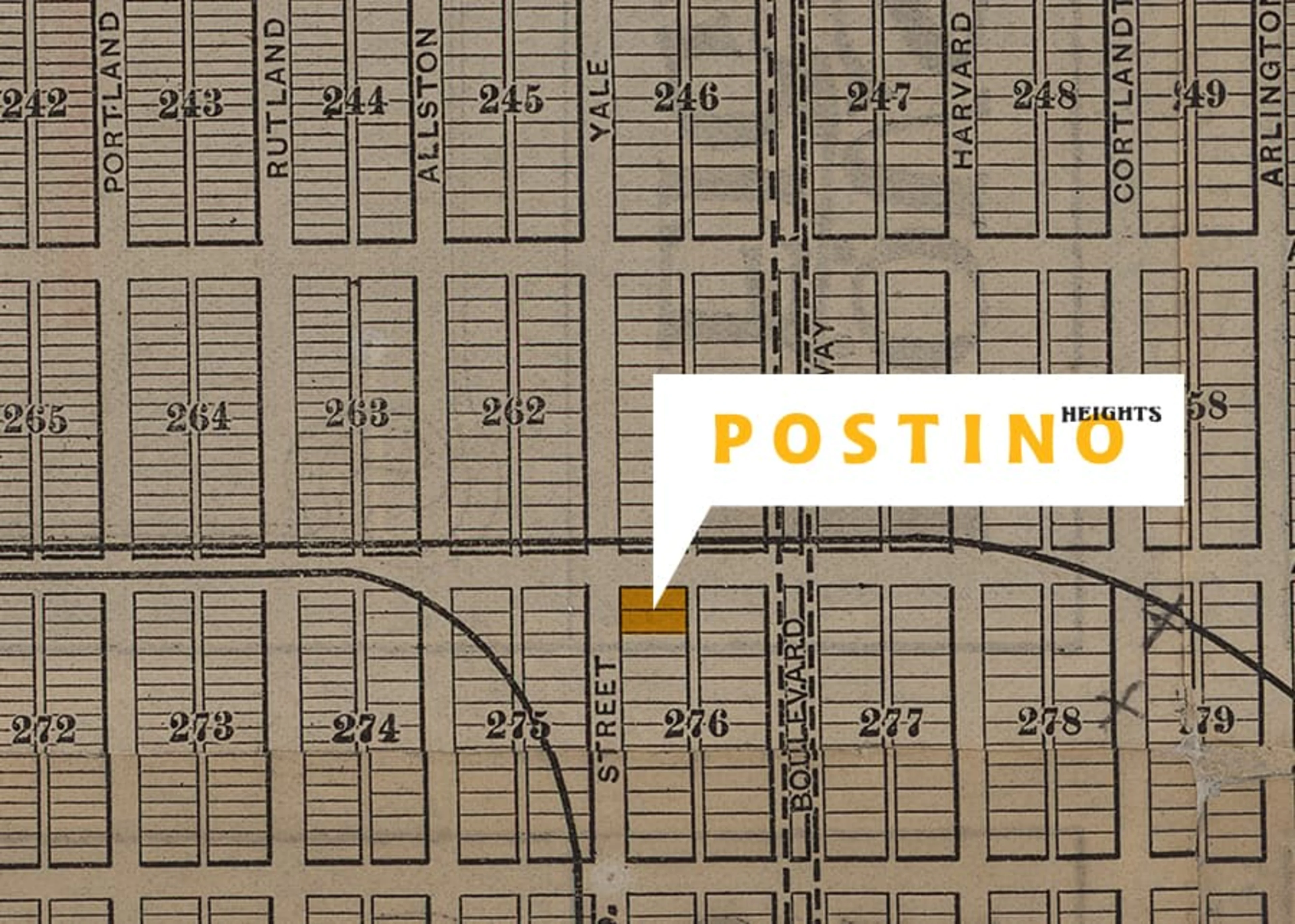 A map with yellow Postino Heights marked on it.