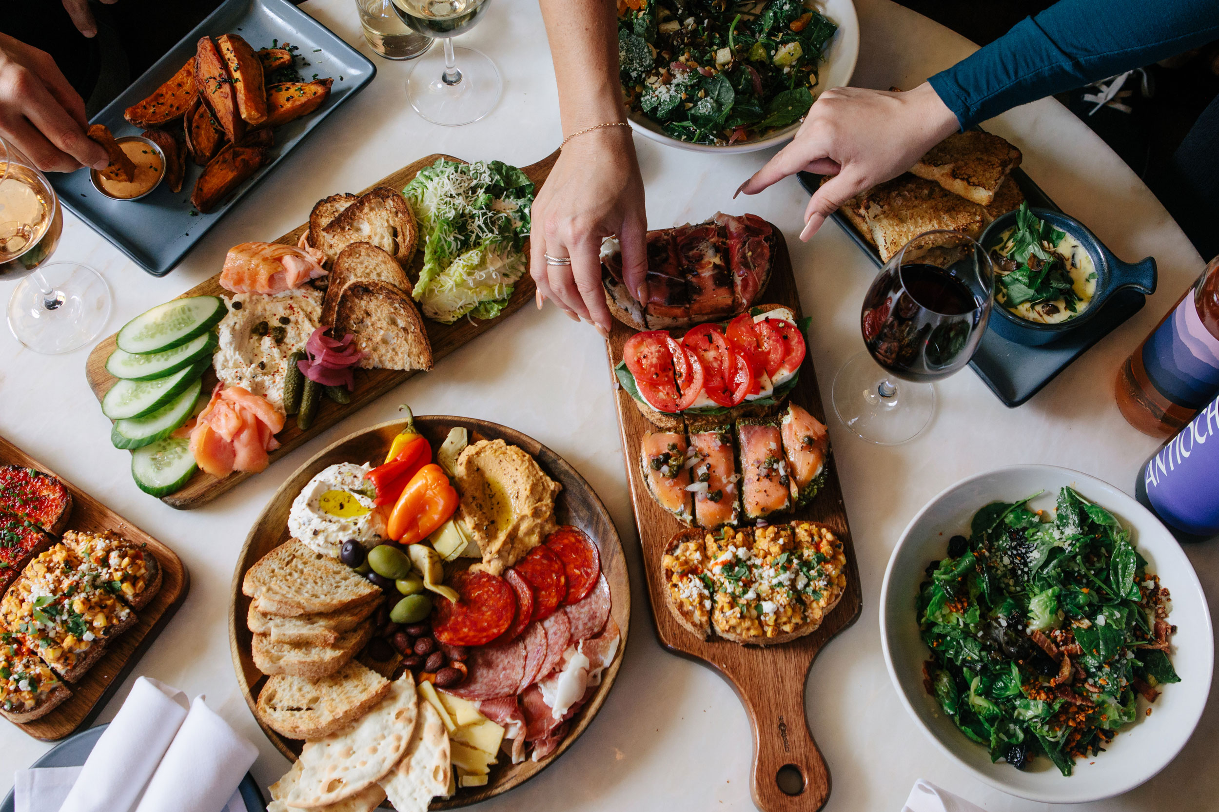 Overhead shot of a table with Postino appetizers