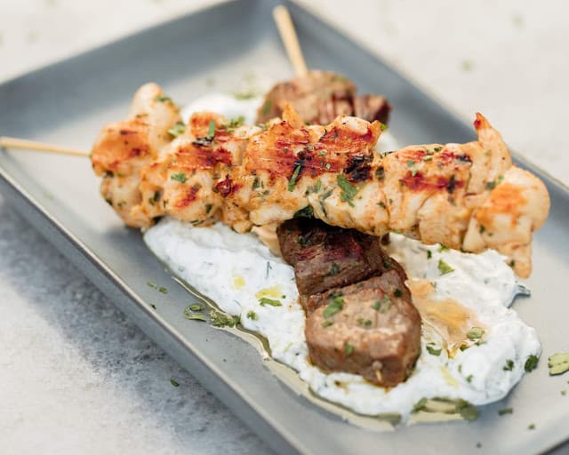 A platter of meat skewers