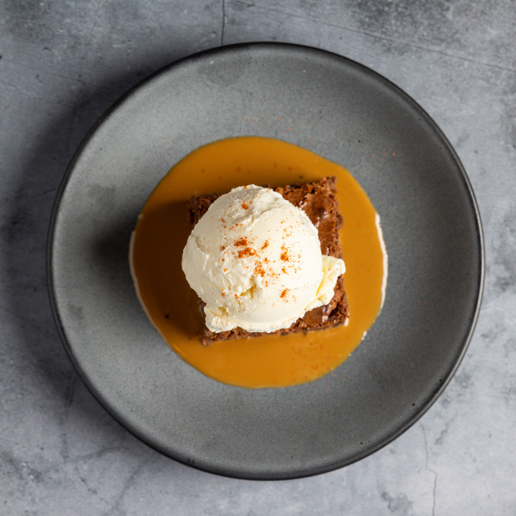 Fudge Brownie with Cartel coffee brownie, cookie butter, vanilla bean ice cream.