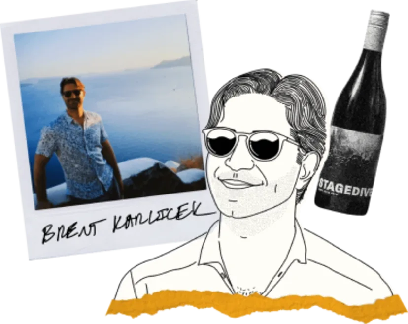Photo collage of Brent Karlicek, including a Polaroid photo and illustration of Brent, and a bottle of wine
