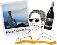 Photo collage of Brent Karlicek, including a Polaroid photo and illustration of Brent, and a bottle of wine