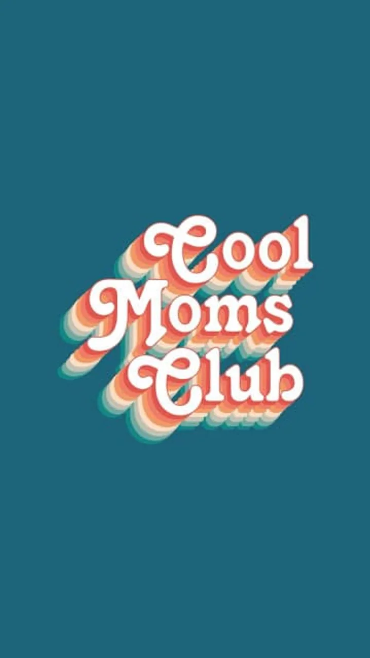 Cool Moms Club in orange lettering with a teal background