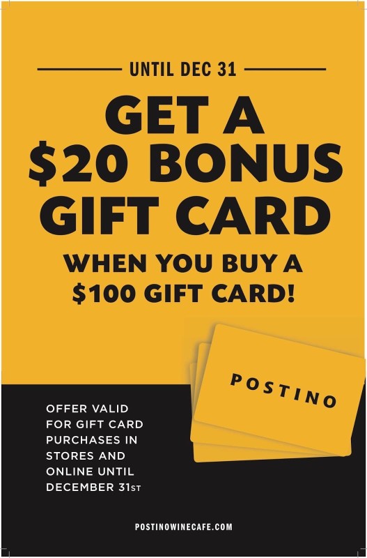 A flyer that says "Until Dec 31 Get a $20 Bonus Gift $100 Gift Card in yellow and black.