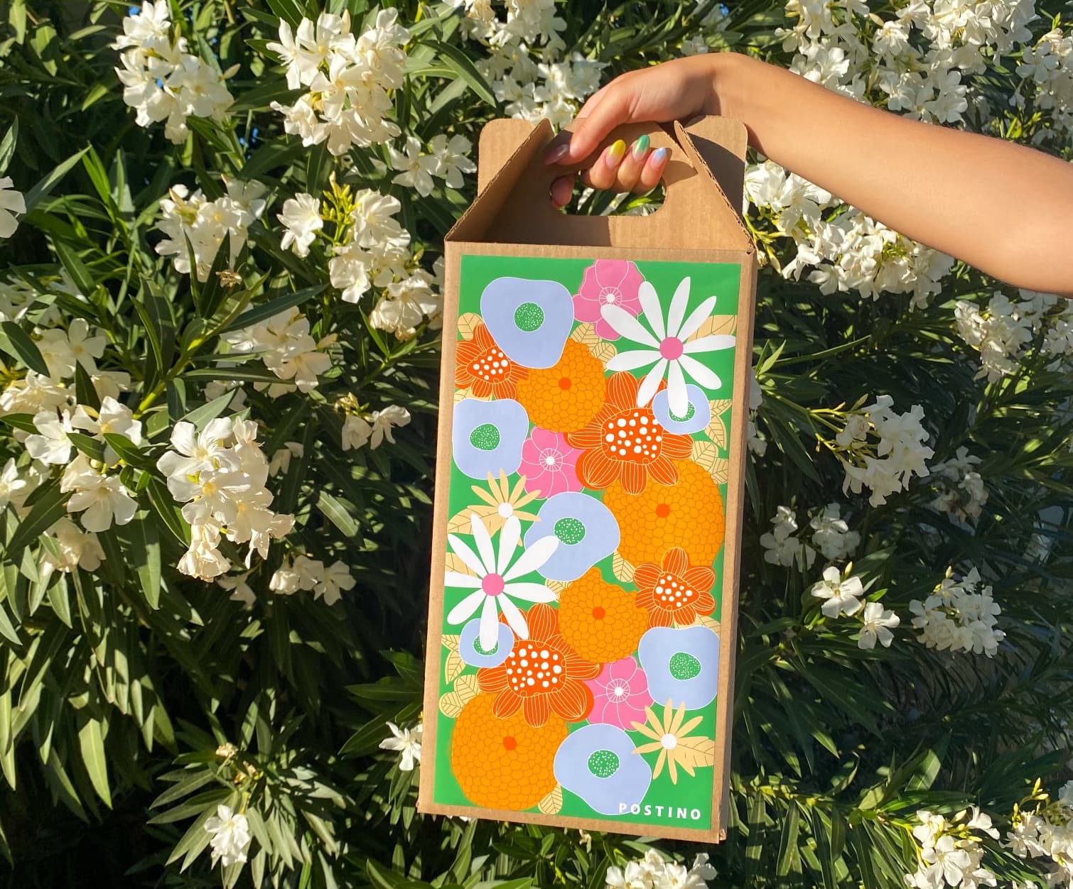 Bright back in front of white flowers.