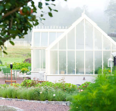Växthuset Victorian Lodge i vitt gifter sig med naturen runtomkring och skapar en grön dröm. Foto: Vansta Trädgård