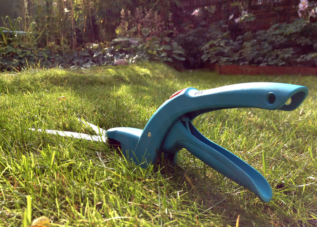Att klippa en liten gräsmatta med sax är en sorts trädgårdsterapi. Långsamt och behagligt och inte alls bullrigt.

