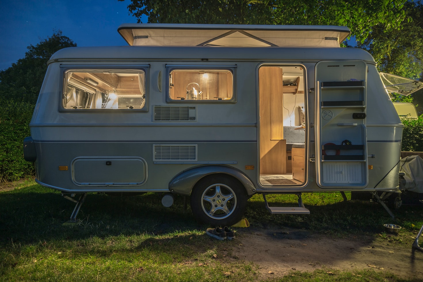 Camper trailer at night